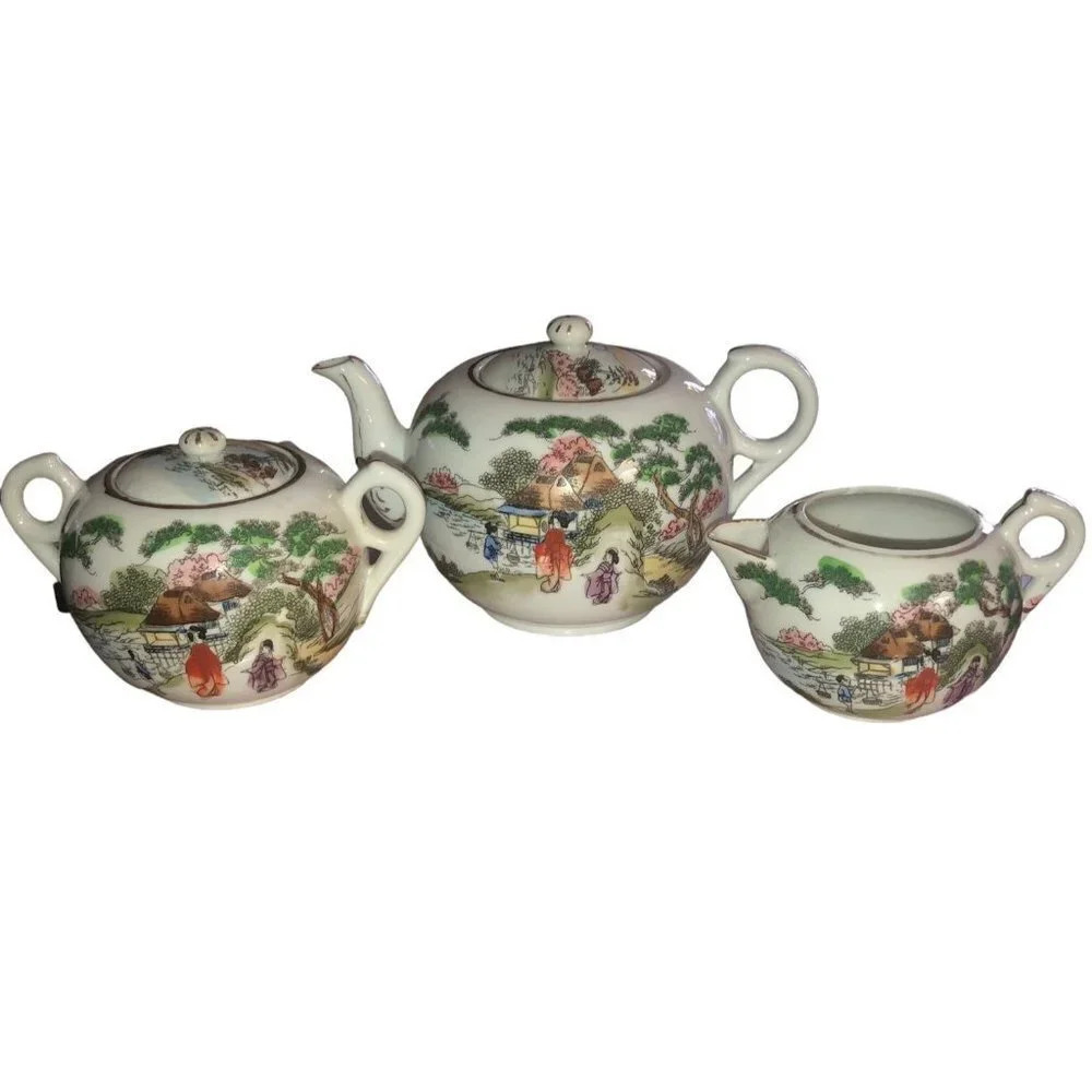 Vintage Japanese Geisha's Teapot Sugar Bowl & Creamer Hand-Painted Porcelain 5pc